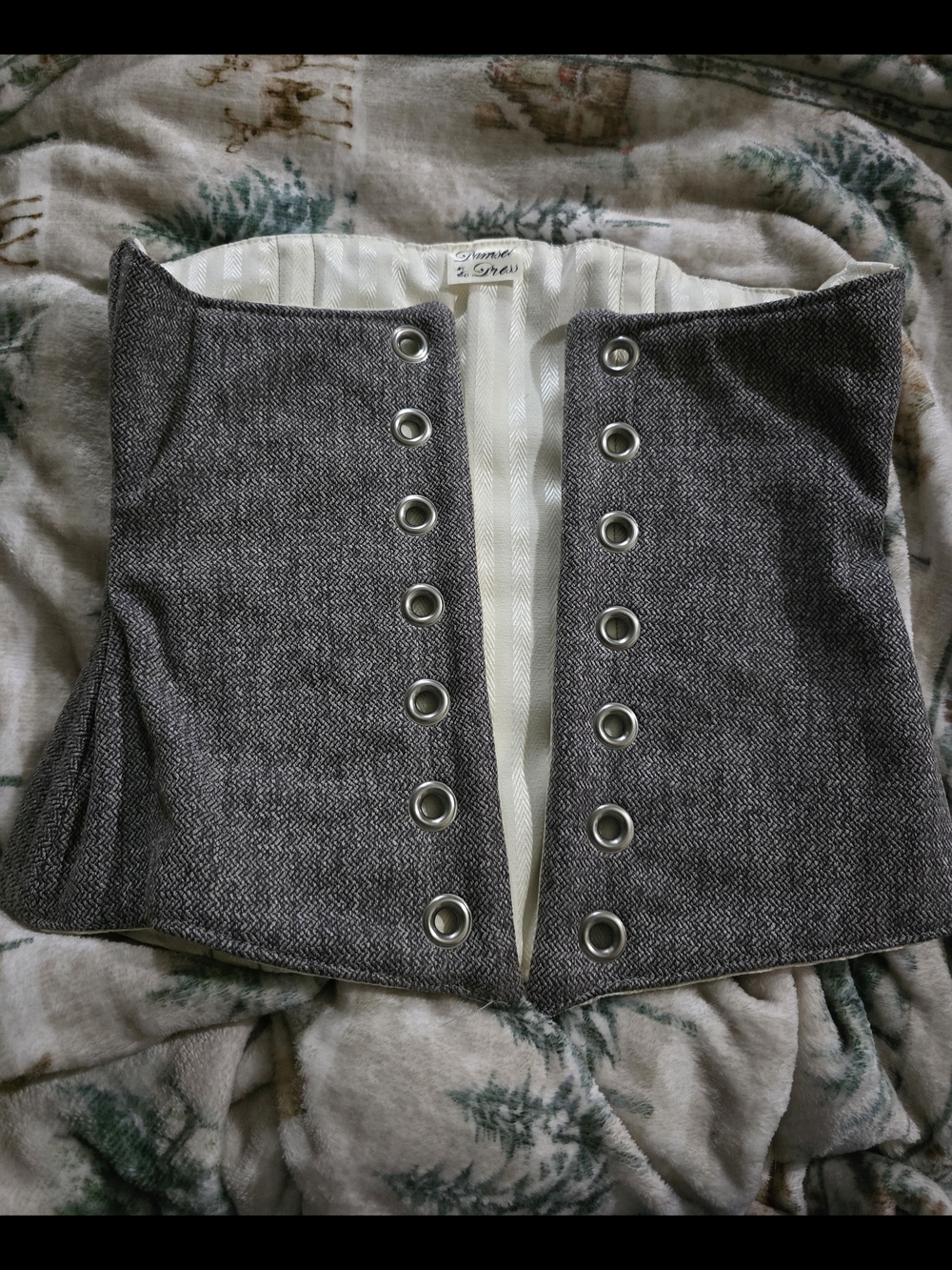 Neutral Gray Herringbone Corset Top with Grommet Detail
